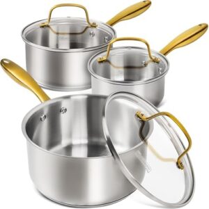 MICHELANGELO Stainless Steel Saucepan Set 1QT & 2QT & 3QT, Stainless Steel Pot Set, Stay-Cool Golden Handles, Induction Saucepan with Lids, Dishwasher Safe - 6Pcs
