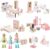Giant bean 36pcs Wooden Dollhouse Furniture Set with Dolls for 5 Rooms, Wood & Plastic Pink Dollhouse Accessories Pretend Play Furniture Toy Christmas Birthday Gift Toy for Kids Boys Girls Toddler 3+